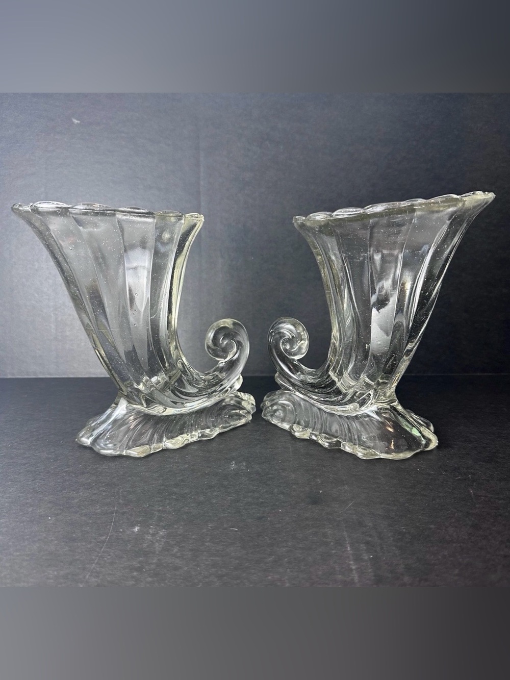 Pair Vintage Heisey Warwick Clear Glass Cornucopia Vases 7” Horn of Plenty 1930s